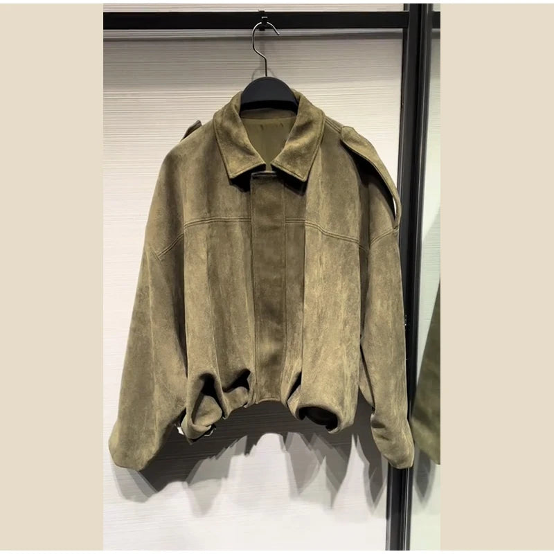 Brown Faux Suede Jacket Women’s Moto Bomber with Pockets