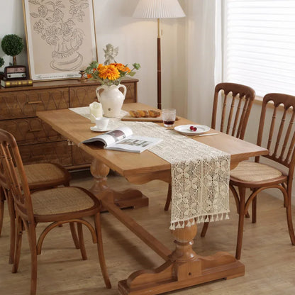 Boho Macrame Table Runner Cream Beige with Tassels