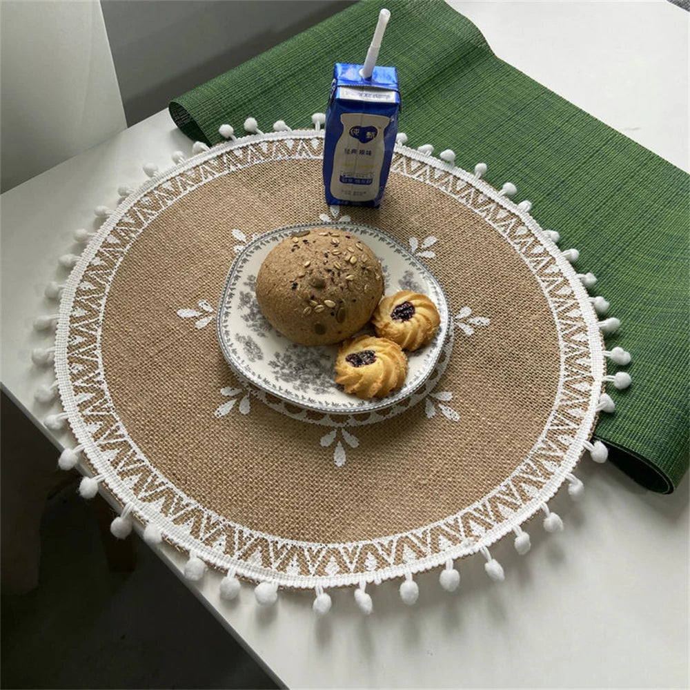 Handwoven Jute Table Mats with Mandala Fringe