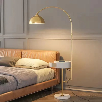 Modern arc floor lamp with wireless charging and drawer