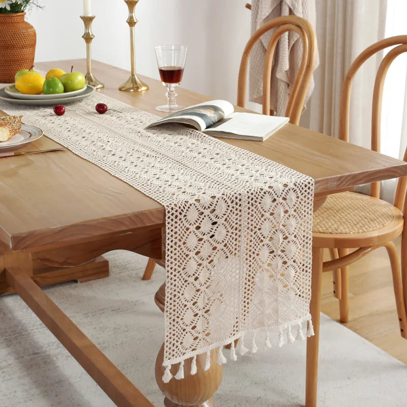 Boho Macrame Table Runner Cream Beige with Tassels