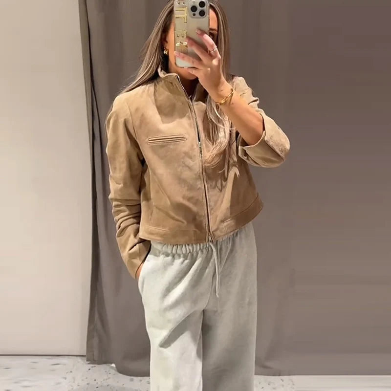 Brown Faux Suede Jacket Women’s Moto Bomber with Pockets