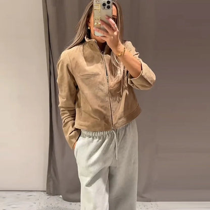 Brown Faux Suede Jacket Women’s Moto Bomber with Pockets