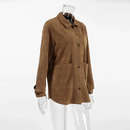 Brown Faux Suede Jacket Women’s Long Sleeve Lapel Coat with Pockets