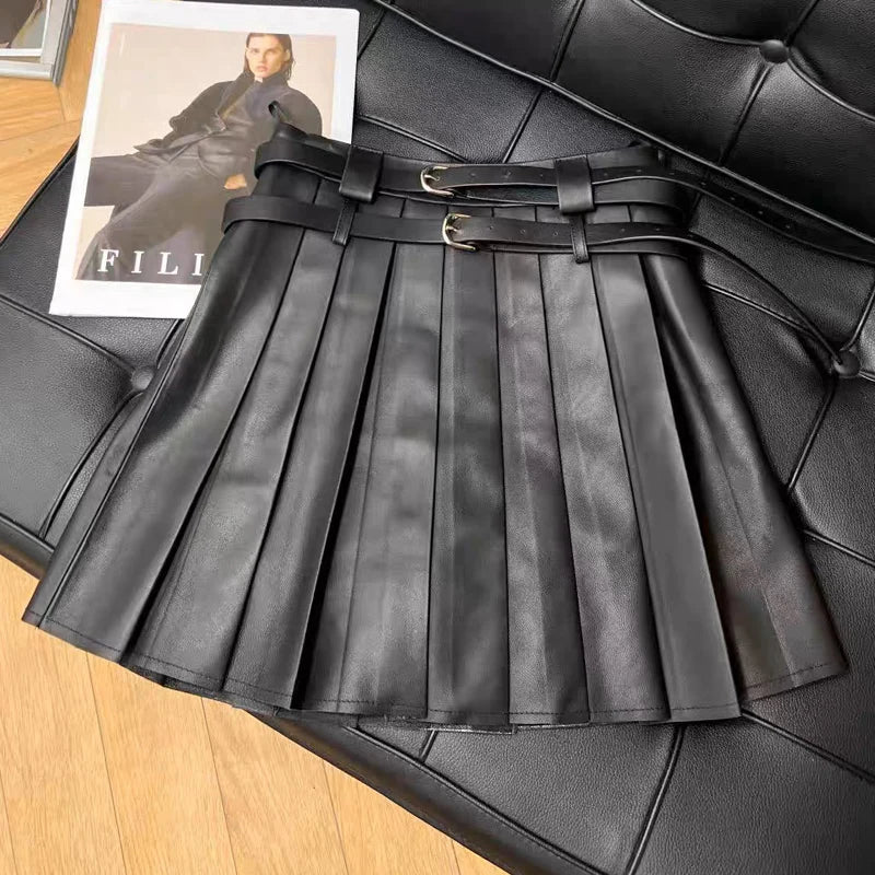Pleather Mini Leather Skirt Double Waistband