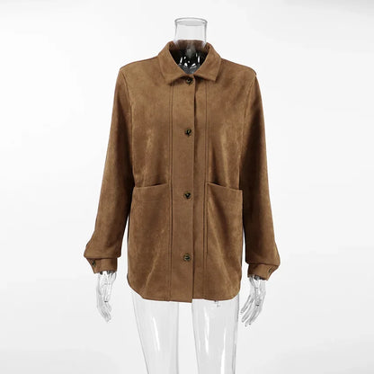 Brown Faux Suede Jacket Women’s Long Sleeve Lapel Coat with Pockets