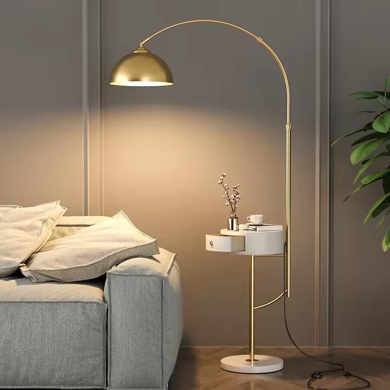 Modern arc floor lamp with wireless charging and drawer