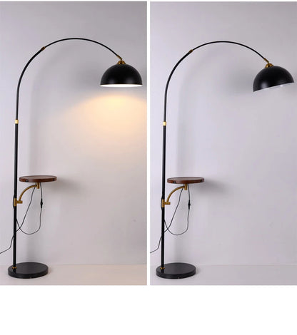 Black Arc Floor Lamp with Tray Table, Wireless Charging & Marble Base