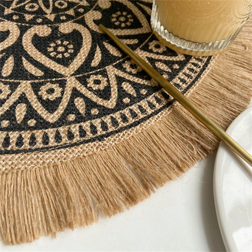 Handwoven Jute Table Mats with Mandala Fringe