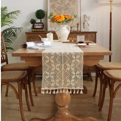 Boho Macrame Table Runner Cream Beige with Tassels