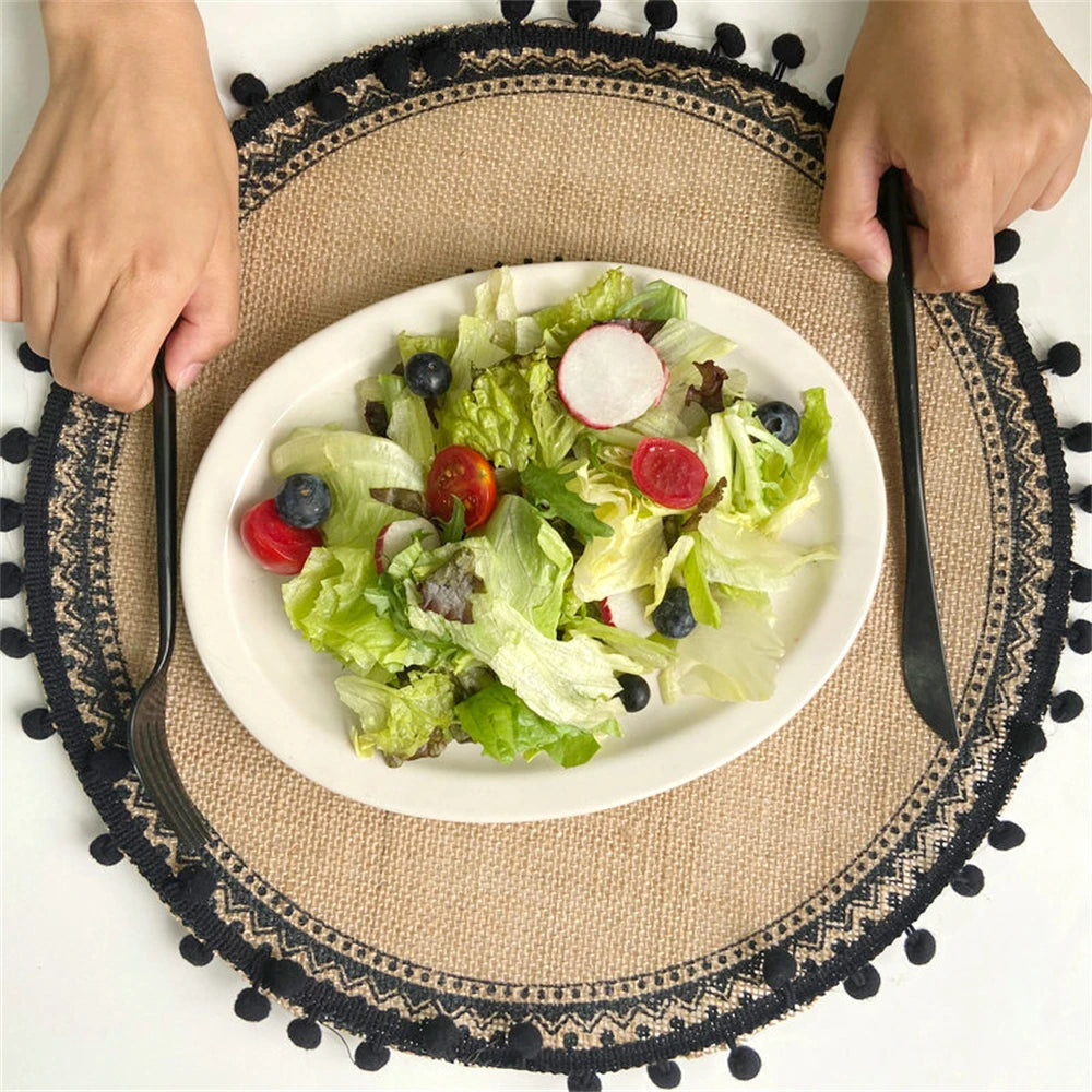 Handwoven Jute Table Mats with Mandala Fringe