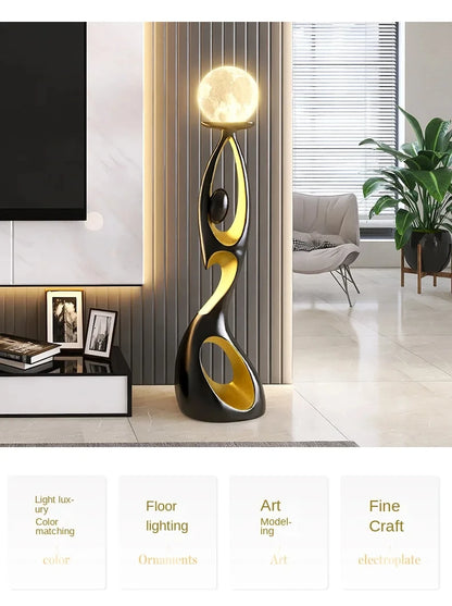 Artistic Resin Standing Light Sculptural Black and Gold Moon Floor Lamp