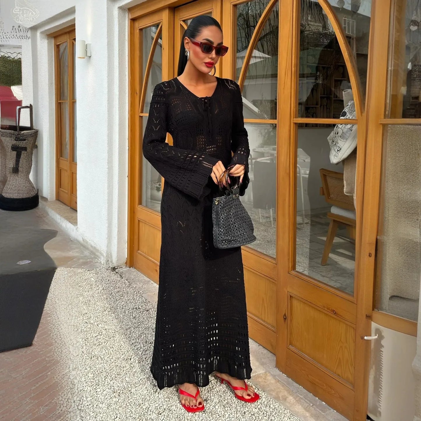 Summer knit hollow v neck beach maxi dress