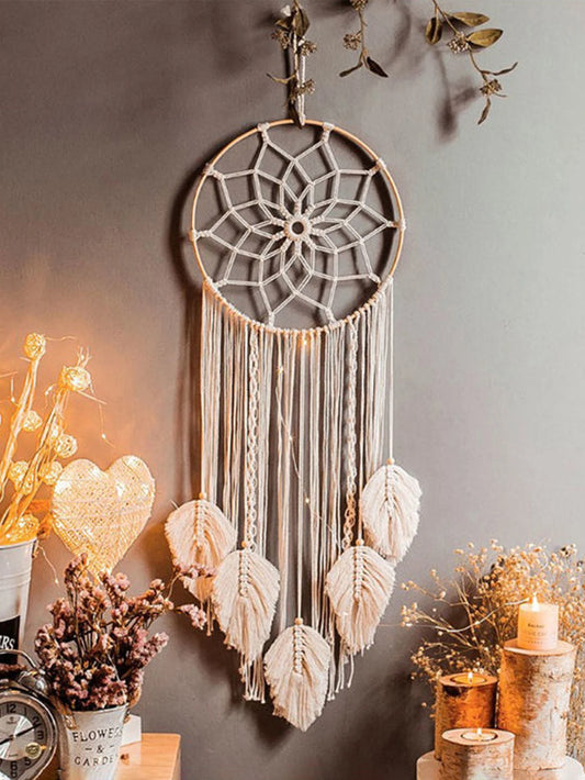 Large Macrame Dream Catcher Wall Hanging with Leaf Tassels