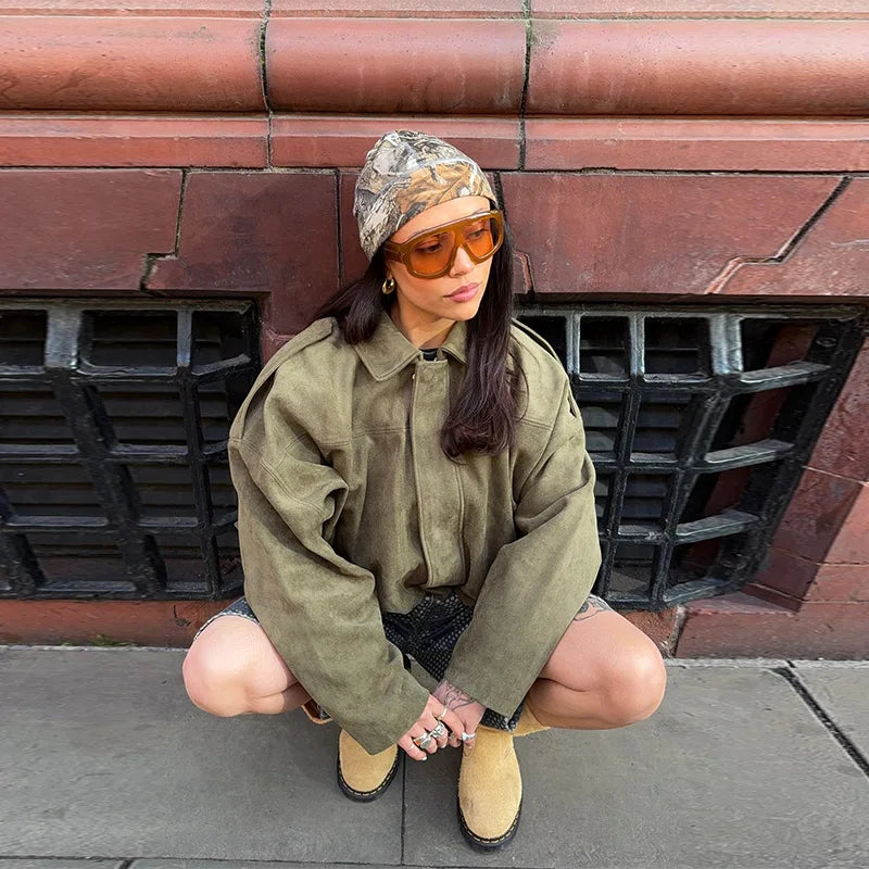 Brown Faux Suede Jacket Women’s Moto Bomber with Pockets