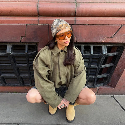 Brown Faux Suede Jacket Women’s Moto Bomber with Pockets