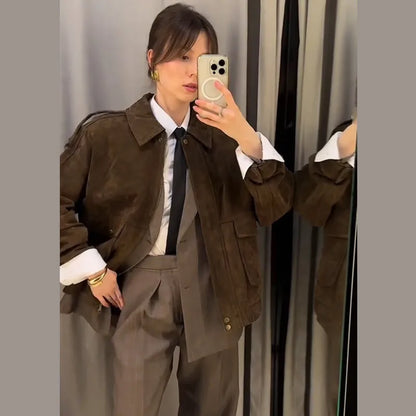 Brown Faux Suede Jacket Women’s Moto Bomber with Pockets
