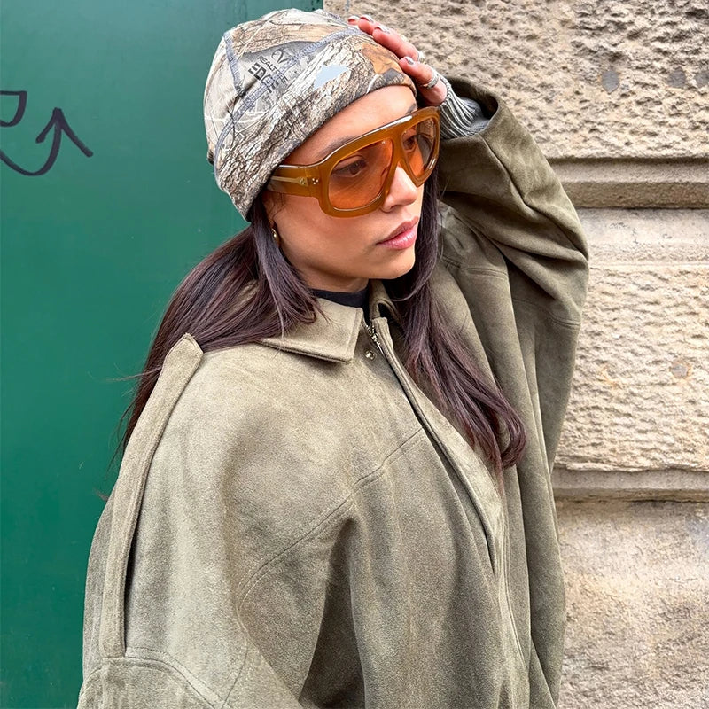 Brown Faux Suede Jacket Women’s Moto Bomber with Pockets