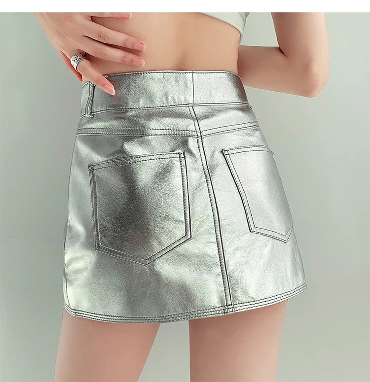 Women mini silver metallic skirt high waist