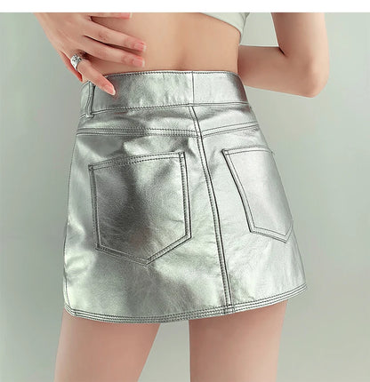 Women mini silver metallic skirt high waist