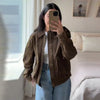 Brown Faux Suede Jacket Women’s Moto Bomber with Pockets