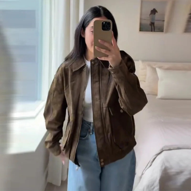 Brown Faux Suede Jacket Women’s Moto Bomber with Pockets