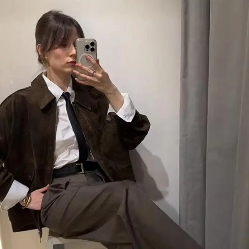 Brown Faux Suede Jacket Women’s Moto Bomber with Pockets