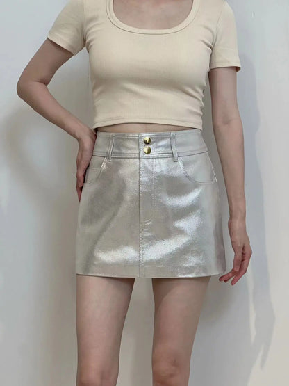 Women mini silver metallic skirt