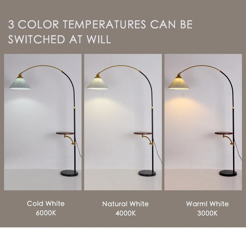 Minimalist Curved Floor Lamp with Pleated Shade