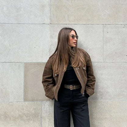 Dark Brown Faux Suede Moto Jacket Women’s Loose Fit