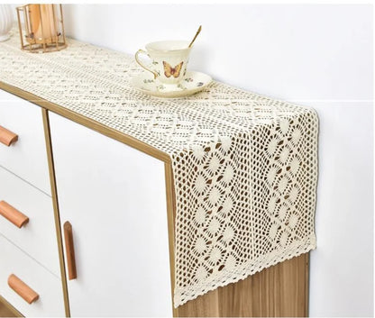 Boho Macrame Table Runner Cream Beige with Tassels