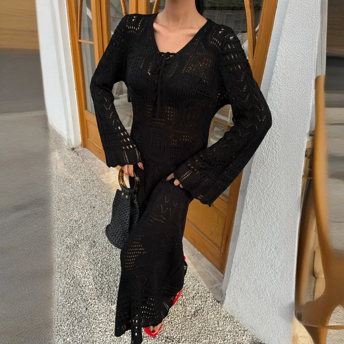 Summer knit hollow v neck beach maxi dress