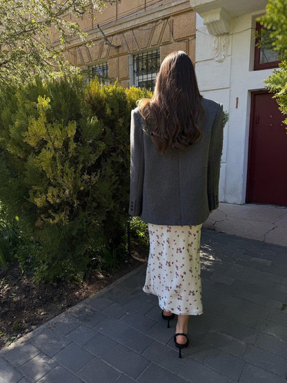 Cream Floral Satin Midi Skirt with High Waist