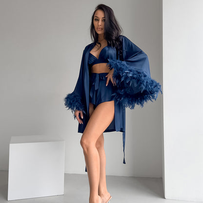 Navy satin feather trim three piece pajama set