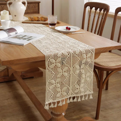 Boho Macrame Table Runner Cream Beige with Tassels