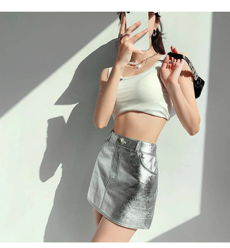 Women mini silver metallic skirt high waist