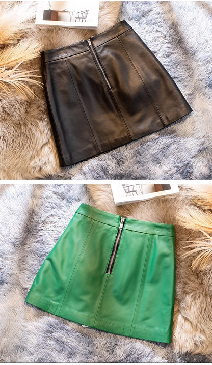 Women's mini leather skirt in black and green