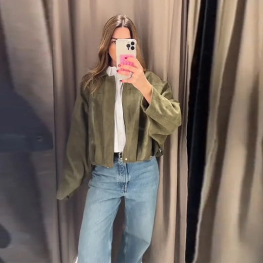 Brown Faux Suede Jacket Women’s Moto Bomber with Pockets
