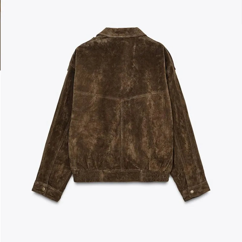 Brown Faux Suede Jacket Women’s Moto Bomber with Pockets