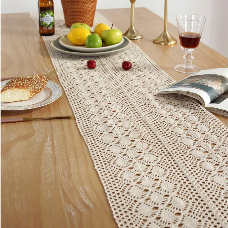 Boho Macrame Table Runner Cream Beige with Tassels