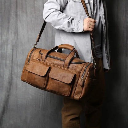 Brown Genuine Leather Duffle Overnight Bag