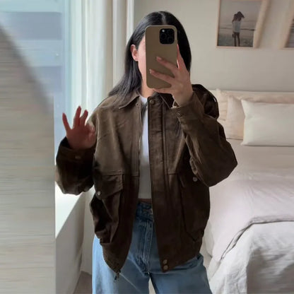 Brown Faux Suede Jacket Women’s Moto Bomber with Pockets
