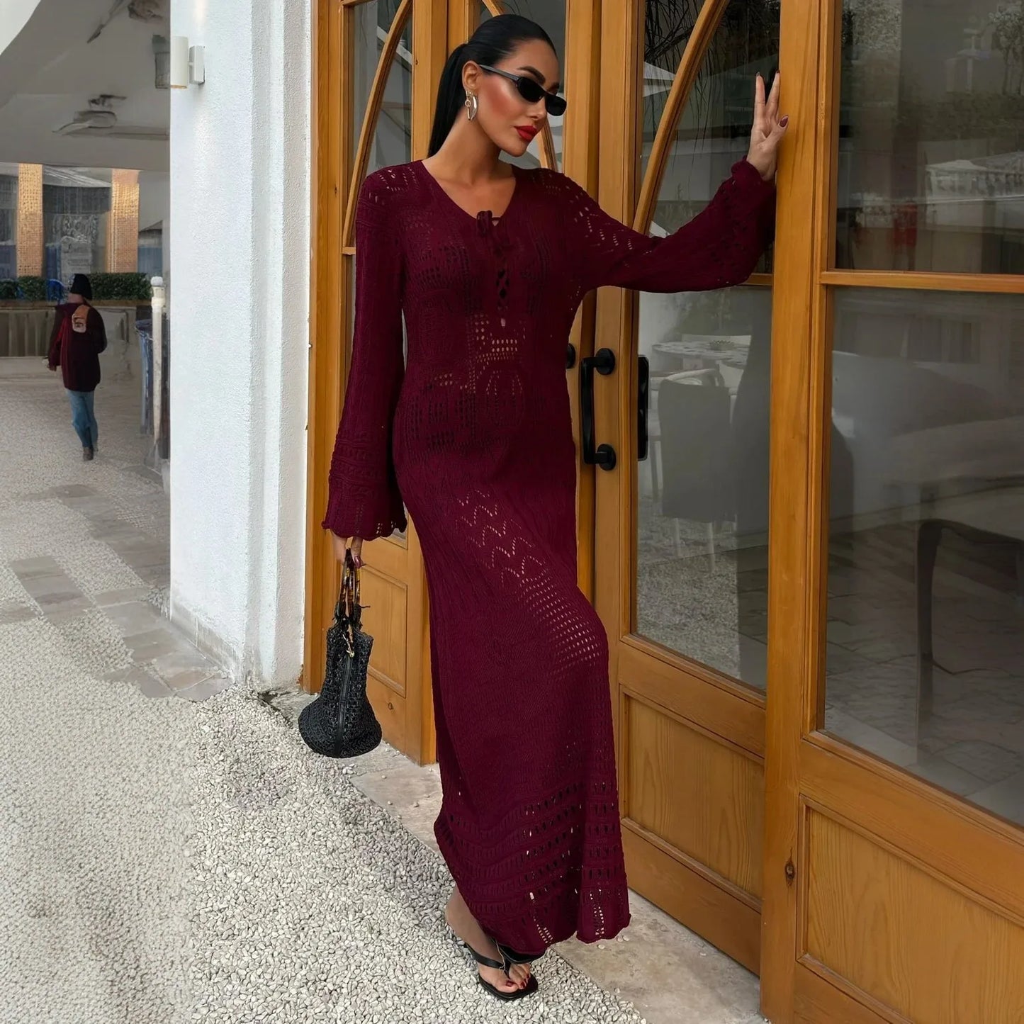 Summer knit hollow v neck beach maxi dress Red S