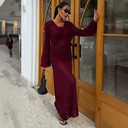 Summer knit hollow v neck beach maxi dress Red S