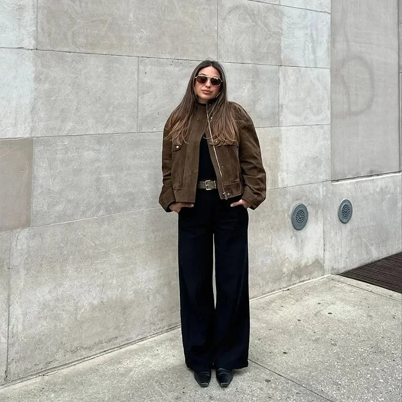 Dark Brown Faux Suede Moto Jacket Women’s Loose Fit