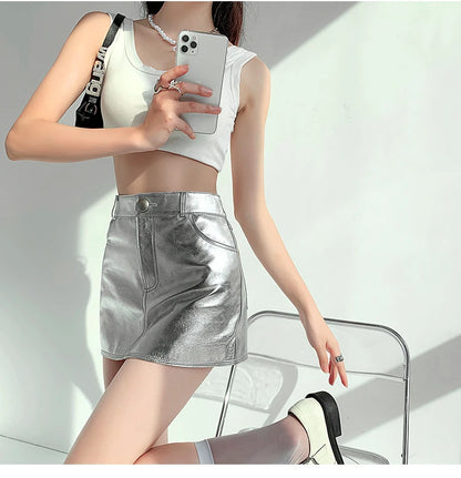 Women mini silver metallic skirt high waist
