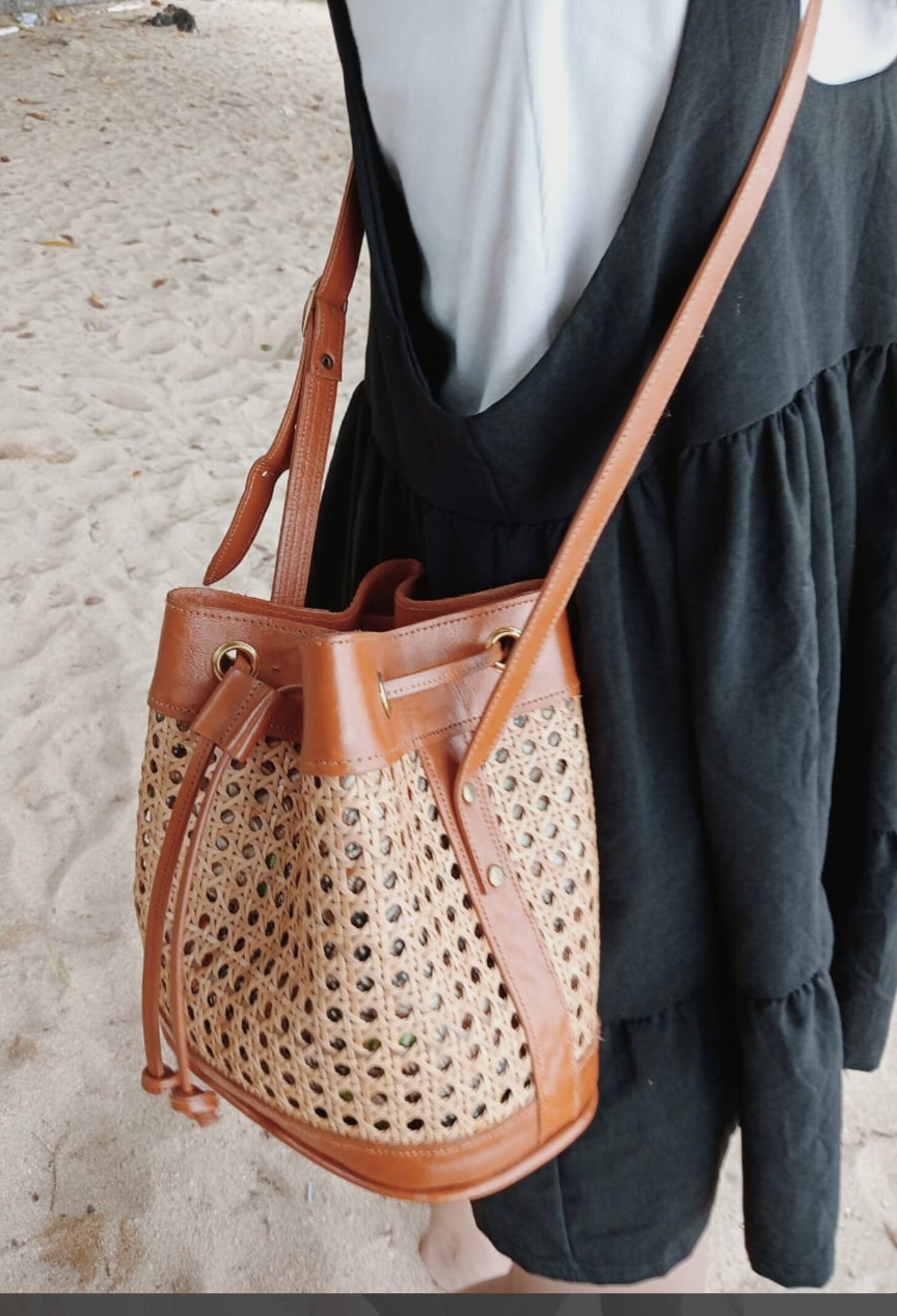 Rattan and Leather bucket bag