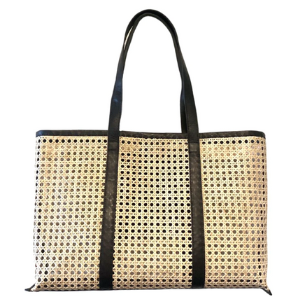 Large Cane And Leather Tote Bag