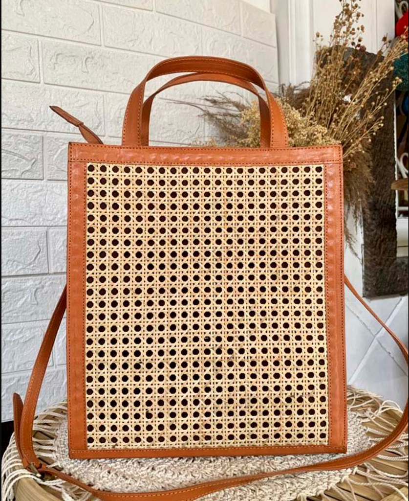 Natural Rattan, Leather And Cane Shoulder Bag