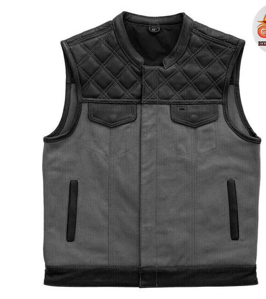 Black Leather Gray Denim Motorcycle Vest